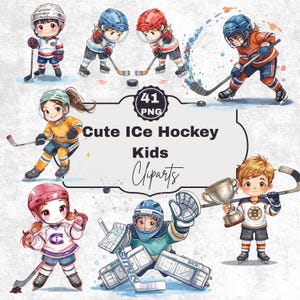 May include: Digital clipart set featuring illustrations of cute children playing ice hockey. The images include kids in various hockey poses, wearing helmets and uniforms, with hockey sticks and pucks. The text "Cute Ice Hockey Kids Cliparts" is also included.