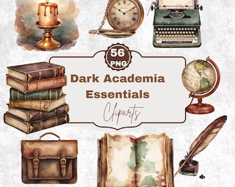 Puede incluir: Ilustración en acuarela de elementos esenciales de Dark Academia. La imagen presenta una vela, un reloj de bolsillo, una máquina de escribir, una pila de libros, un globo terráqueo, un maletín, un libro abierto, un tintero y una pluma. También se incluye el texto "Dark Academia Essentials Cliparts".