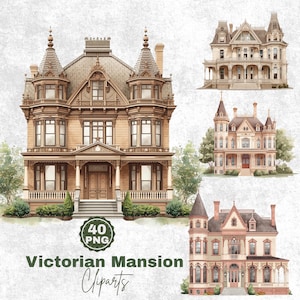 May include: A collection of watercolour illustrations depicting Victorian mansions. The image showcases four detailed renderings of historic homes, highlighting intricate designs, turrets, and ornate details. The text "Victorian Mansion Cliparts" is also included.