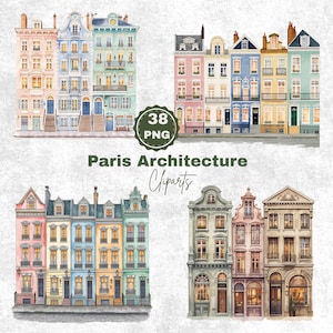 Può includere: Illustrazioni ad acquerello di architettura parigina in colori pastello. L'immagine presenta diversi edifici con facciate, finestre e porte dettagliate. Il testo "Paris Architecture Cliparts" è visualizzato sotto, con un badge "38 PNG".