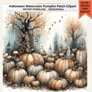May include: Watercolor illustration of a Halloween pumpkin patch. The image features various pumpkins in shades of orange, tan, and gray, with intricate patterns. The background includes trees, a spooky landscape, and the text "Halloween Watercolor Pumpkin Patch Clipart".
