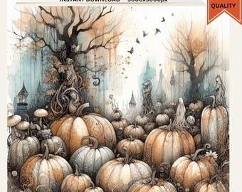 Clipart de Halloween en acuarela: Calabazas, fantasmas y bosque (Descarga digital)