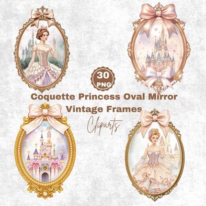 Puede incluir: Cuatro marcos ovalados vintage con ilustraciones de princesas y escenas de castillos. Cada marco tiene un borde dorado ornamentado y un lazo en la parte superior. También se ve el texto "Coquette Princess Oval Mirror Vintage Frames Cliparts".