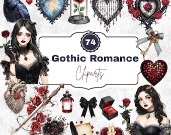 May include: A collection of 74 Gothic Romance cliparts featuring a raven, roses, hearts, and a woman in a black dress. The image includes a variety of decorative elements, such as a heart-shaped chandelier and a key.