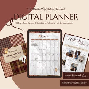 Puede incluir: Un planificador digital con un tema invernal caprichoso. La imagen muestra una tableta que muestra un calendario de octubre, un tablero de visión y una portada de planificador con un diseño de patchwork. El texto dice "Whimsical Winter Survival Digital Planner."