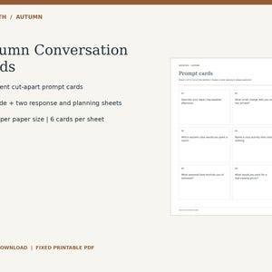 Könnte beinhalten: Ein digitales, druckbares PDF mit dem Titel Autumn Conversation Cards von Novapath. Das Dokument enthält 18 ausschneidbare Prompt-Karten, einen Gastgeber-Leitfaden sowie zwei Antwort- und Planungsblätter. Sechs Karten pro Seite auf sieben Seiten.