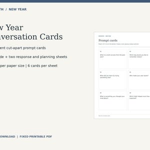 Op de afbeelding: Nieuwjaarsgesprekskaarten als digitale download met 18 uitknipbare promptkaarten, een gastheergids en twee planningsbladen. De printbare PDF bevat 7 pagina's met 6 kaarten per vel, met daarop diverse vragen voor een gesprek tijdens de jaarwisseling.