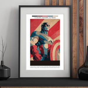 May include: Framed art print featuring Captain America in a vintage style. The artwork showcases Captain America in his iconic costume, holding his shield. The print includes the text "Created by Jack Kirby, Joe Simon" and a quote about the character.