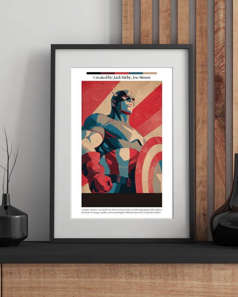 May include: Framed art print featuring Captain America in a vintage style. The artwork showcases Captain America in his iconic costume, holding his shield. The print includes the text "Created by Jack Kirby, Joe Simon" and a quote about the character.