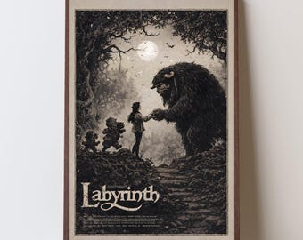 Labyrinth Film Poster, Jim Henson Fantasy Kunst, Holzschnitt Stil Druck, Dark Fantasy Gravur, Sarah und Ludo Wand DecorDecor