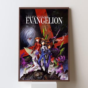 May include: A framed poster featuring the anime series Neon Genesis Evangelion. The artwork showcases several characters in vibrant colors, set against a backdrop of a red cross and a dark, ominous sky. The title is prominently displayed.