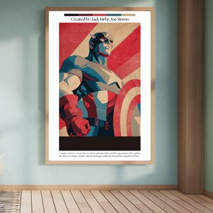 May include: A framed print featuring Captain America in a heroic pose, holding his shield. The artwork uses a vintage comic book style with red, white, blue, and tan colors. The text "Created by: Jack Kirby, Joe Simon" is at the top.