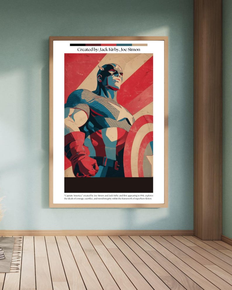 May include: A framed print featuring Captain America in a heroic pose, holding his shield. The artwork uses a vintage comic book style with red, white, blue, and tan colors. The text "Created by: Jack Kirby, Joe Simon" is at the top.