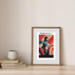 May include: Framed art print featuring a stylized illustration of Captain America in a heroic pose. The artwork uses a vintage color palette of red, white, and blue. The print includes the text "Created by Jack Kirby, Joe Simon."