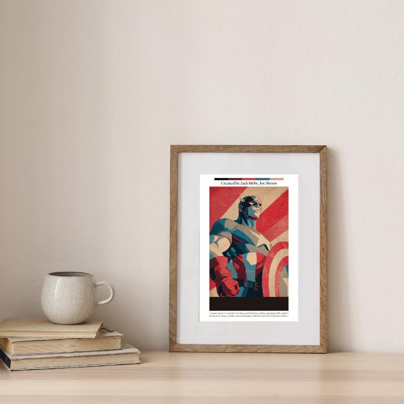 May include: Framed art print featuring a stylized illustration of Captain America in a heroic pose. The artwork uses a vintage color palette of red, white, and blue. The print includes the text "Created by Jack Kirby, Joe Simon."