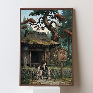 Dororo Anime Poster, Japanese Shrine Wall Art, Samurai Forest Print, Vintage Anime Decor