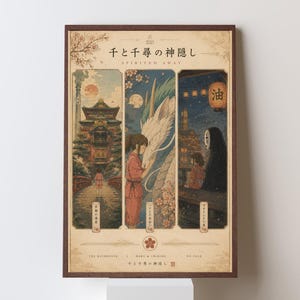 K&ouml;nnte beinhalten: Ein gerahmtes Poster mit Kunstwerken aus dem Zeichentrickfilm "Chihiros Reise ins Zauberland". Das Poster ist in drei Tafeln mit japanischem Text und Illustrationen von Charakteren und Szenen aus dem Film unterteilt. Der Rahmen ist dunkelbraun.