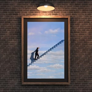 May include: Framed art print depicting a person ascending a staircase towards the sky. The artwork features a blue sky with clouds, a wooden frame, and is mounted on a brick wall. A black light fixture is above the artwork.