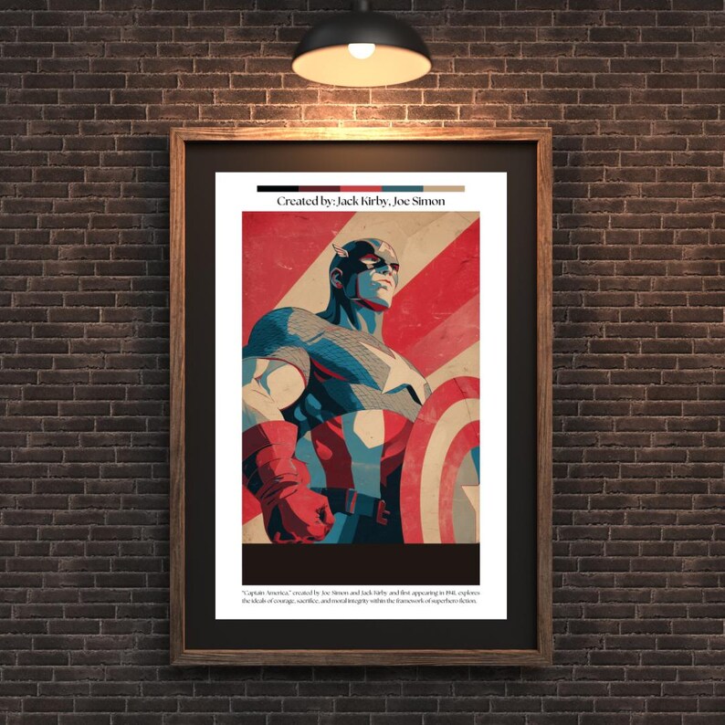 May include: Framed Captain America art print. The artwork features a stylized illustration of Captain America in a patriotic color scheme of red, white, and blue. The print is in a wooden frame and hangs on a brick wall.