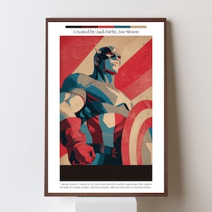 May include: Framed print featuring Captain America in a heroic pose, holding his shield. The artwork uses a bold, retro style with red, white, and blue colors. The text "Created by: Jack Kirby, Joe Simon" is at the top.