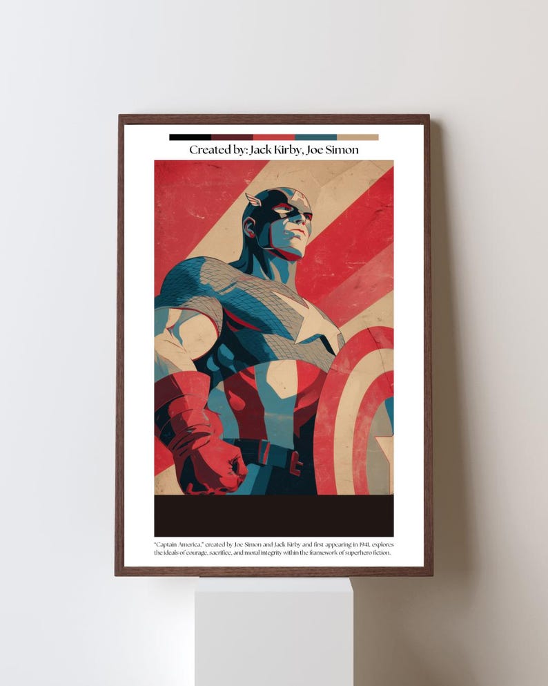 May include: Framed print featuring Captain America in a heroic pose, holding his shield. The artwork uses a bold, retro style with red, white, and blue colors. The text "Created by: Jack Kirby, Joe Simon" is at the top.