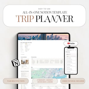 May include: A digital trip planner Notion template displayed on a tablet and smartphone screen. The interface shows a New York family trip itinerary, transportation details, a map, and accommodation sections. Text includes "EASY-TO-USE ALL-IN-ONE NOTION TEMPLATE TRIP PLANNER" and "PLAN MULTIPLE TRIPS, ITINERARY, BUDGET, BOOKINGS & MORE, VIDEO TUTORIAL INCLUDED."
