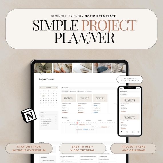 Notion Project Tracker, Task Management Planner, Project Management Notion Template, Productivity Planner, Simple Project Planner