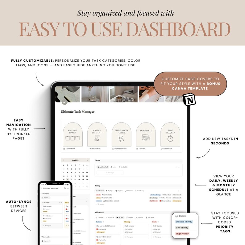 Task tracker Notion productivity template