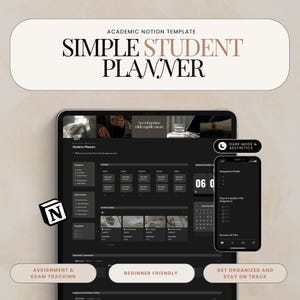 Notion Student Planner Dark Mode Planner Assignment Tracker College Planner Student Digital Planner Aesthetic Notion Academic Planner