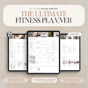 Può includere: Tre tablet mostrano un pianificatore di fitness digitale. Il testo recita "THE ULTIMATE FITNESS PLANNER" e "ALL-IN-ONE NOTION TEMPLATE". Il testo aggiuntivo include "CREA UNA ROUTINE CHE TI PIACE E CHE SEGUI" e "PIANIFICA GLI ALLENAMENTI, STABILISCI OBIETTIVI, MONITORA I TUOI PROGRESSI."