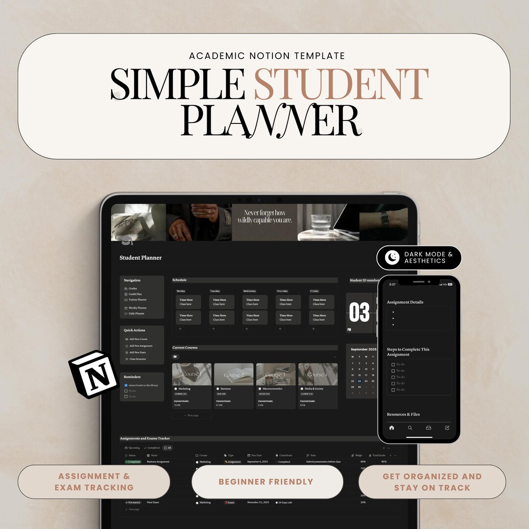 Notion Student Planner Dark Mode Planner Assignment Tracker College ...