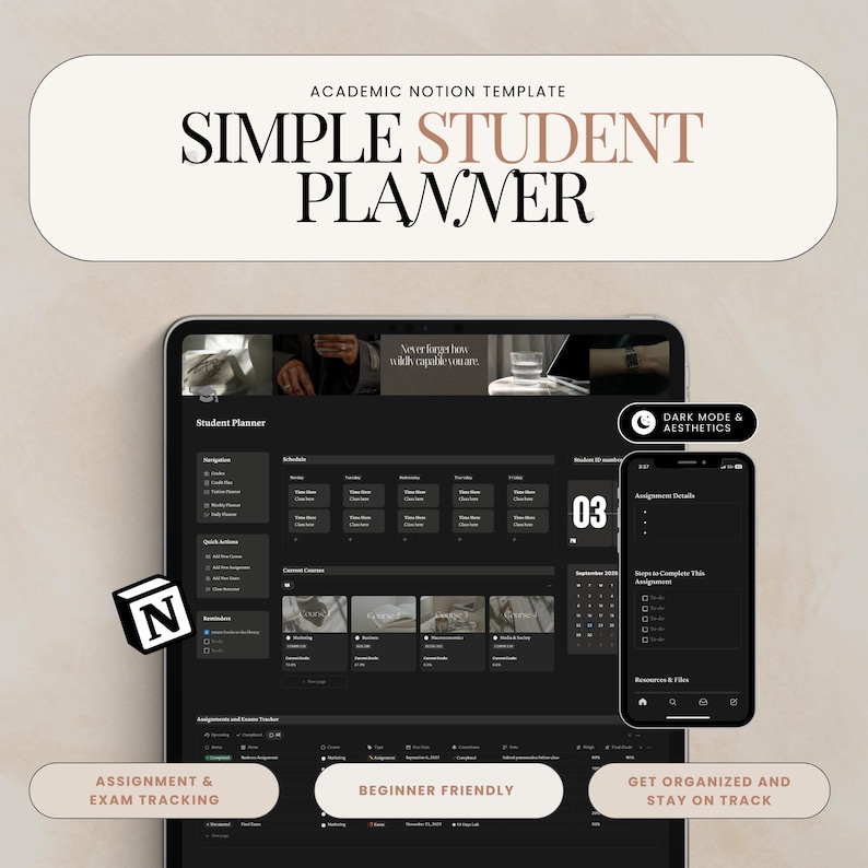Notion Student Planner Dark Mode Planner Assignment Tracker College ...