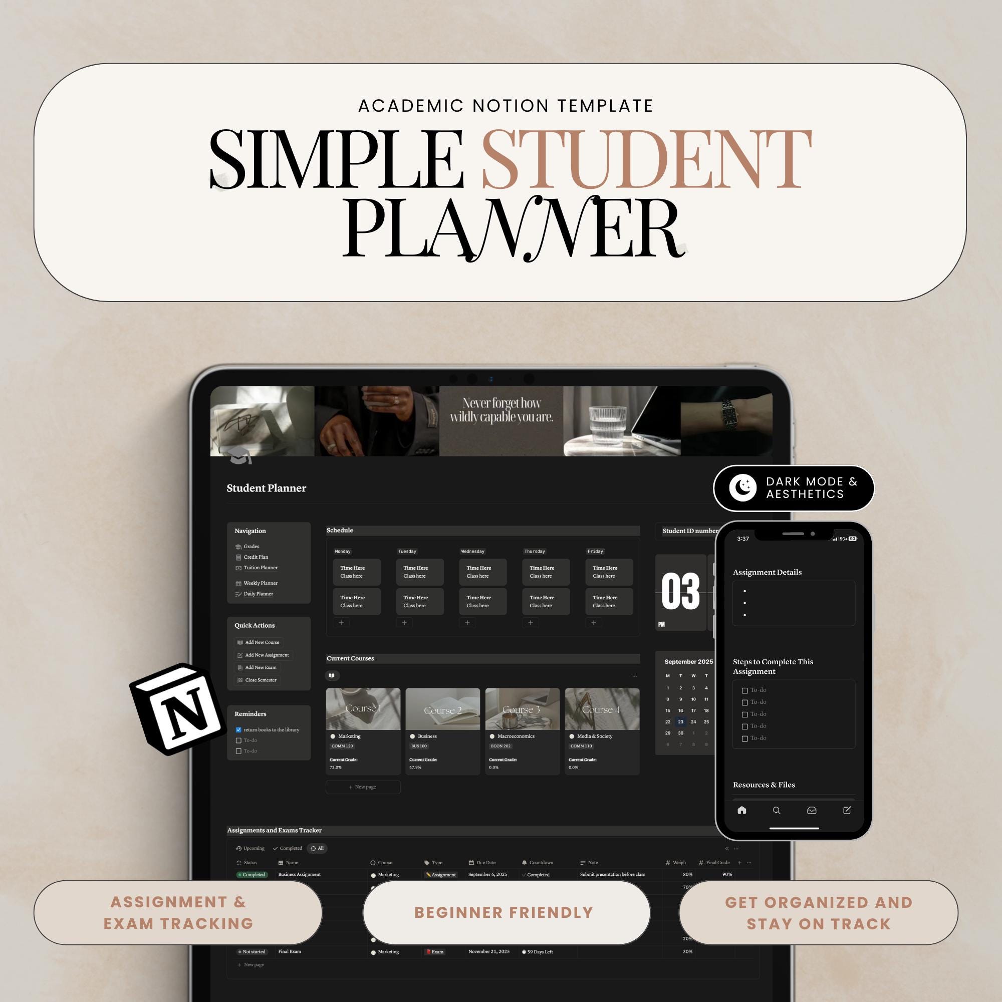 Notion Student Planner Dark Mode Planner Assignment Tracker College ...
