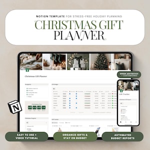 May include: A digital Christmas Gift Planner template on a tablet and smartphone. The tablet displays a detailed gift budget and tracker, while the phone shows a gift tracker. The text reads "Christmas Gift Planner". Additional text includes "Easy to Use + Video Tutorial".