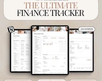 May include: An all-in-one Notion template titled "The Ultimate Finance Tracker" displayed on three tablets. The template includes income and expense tracking, and a fully automated notification board. The text "Take control of your finances with ease" is also visible.