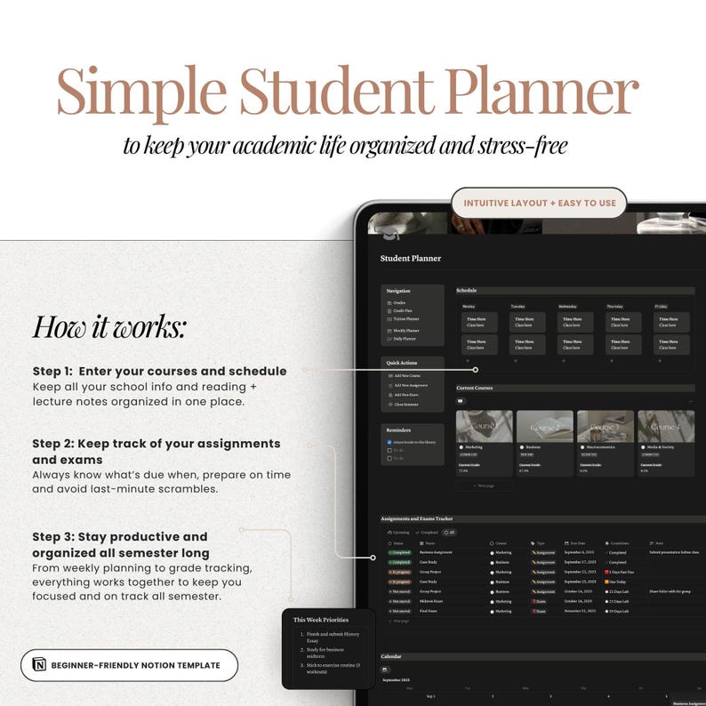 Notion Student Planner Dark Mode Planner Assignment Tracker College ...