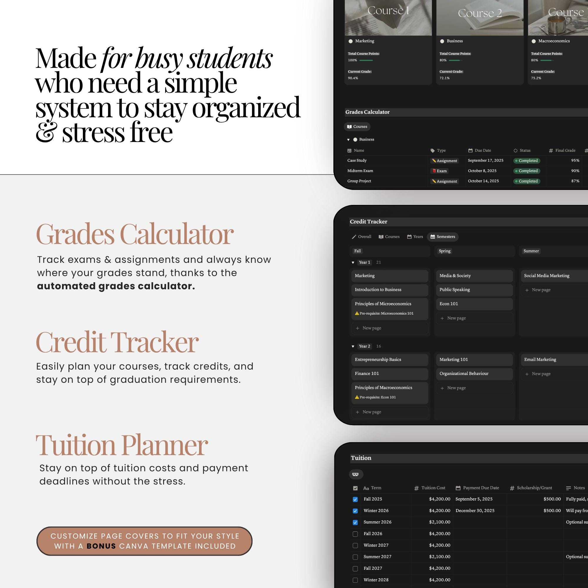 Notion Student Planner Dark Mode Planner Assignment Tracker College ...