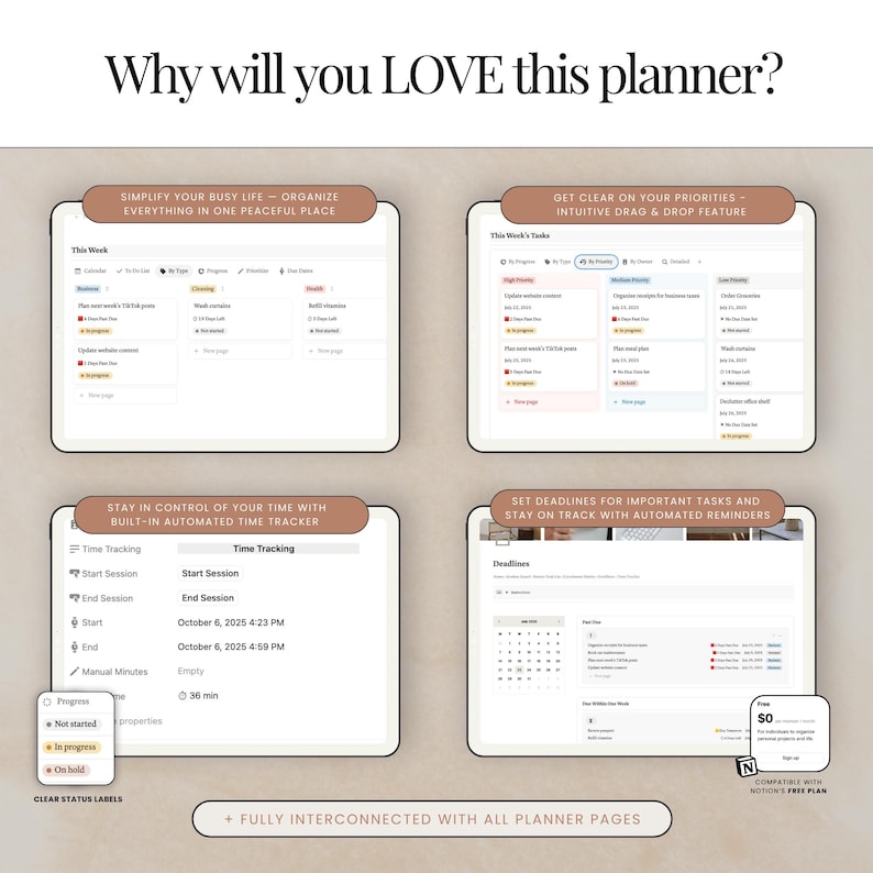Time tracker Kanban board Task calendar Notion