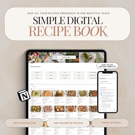 Notion Recipe Template, Digital Recipe Book, Digital Cookbook, Recipe eBook Notion Template, Cookbook Template