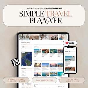 Może przedstawiać: Cyfrowy szablon Notion o tytule Simple Travel Planner wyświetlany na tablecie i smartfonie. Interfejs zawiera sekcje dotyczące miejsc docelowych, nadchodzących podróży, przebytych wycieczek oraz kalendarz podróży ze zdjęciami.