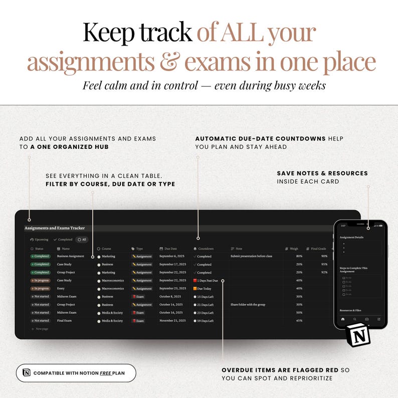 Notion Student Planner Dark Mode Planner Assignment Tracker College ...