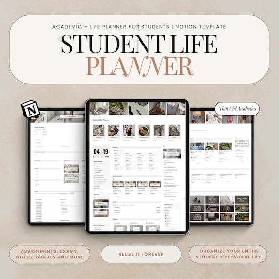 Notion Student Planner, College Planner, University Planner, That Girl Notion Template, All-In-One Academic Planner