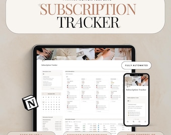 May include: A digital finance Notion template for tracking subscriptions. The image shows a tablet and a smartphone displaying the template's interface. The template includes a calendar, subscription costs, and subscription management features. Text on the image includes "Subscription Tracker."