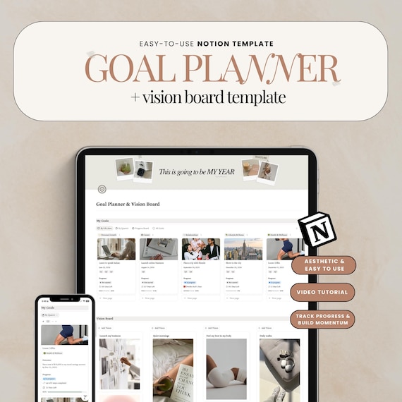 Notion Goal Planner Vision Board Template Goal Setting Template 2026 Goal Tracker Action Plan Smart Goals Aesthetic Notion Template