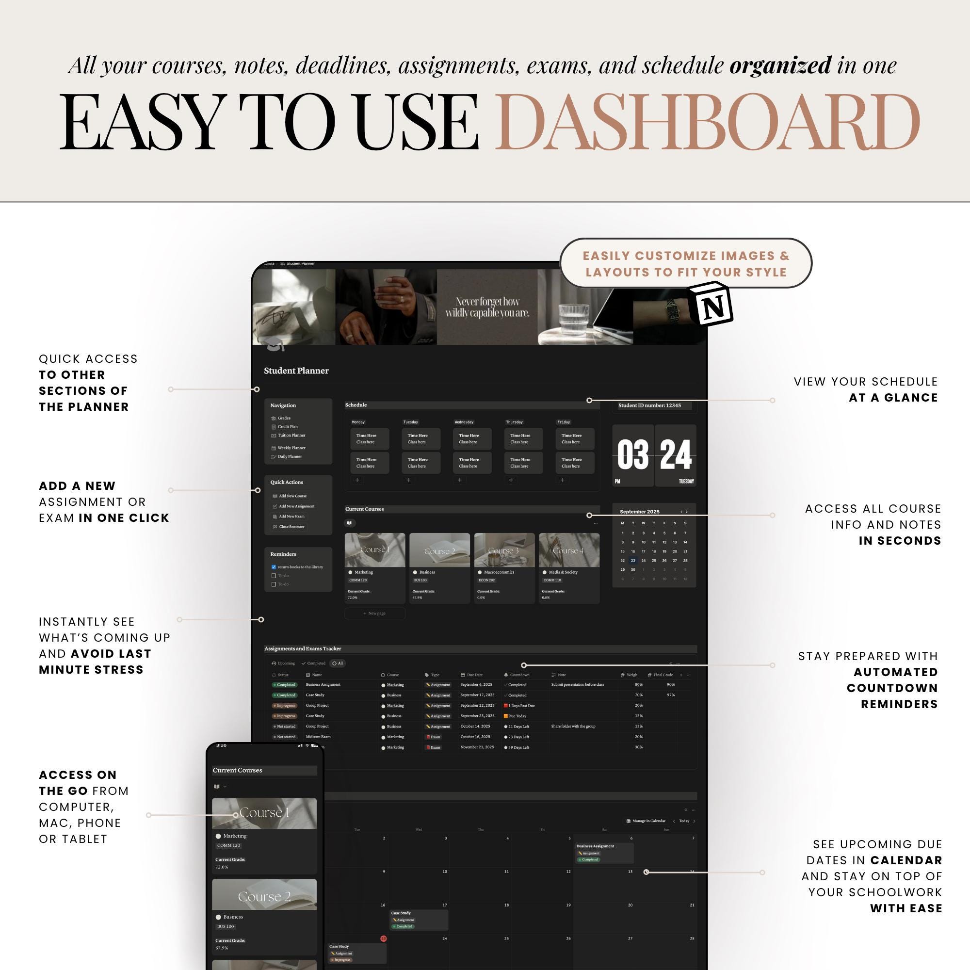 Notion Student Planner Dark Mode Planner Assignment Tracker College ...