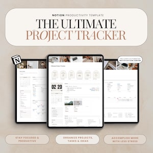 Peut inclure: Une maquette numérique Notion de gestion de projet, intitulée "The Ultimate Project Tracker." L'image montre une tablette affichant l'interface du modèle, avec des fonctions de calendrier et de gestion de projet. Le texte comprend "Stay Focused & Productive" et "Organize Projects, Tasks & Ideas."