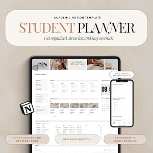 Peut inclure: Un modèle de planificateur étudiant numérique affiché sur une tablette et un smartphone. Le modèle comprend des sections pour la planification, les devoirs et le suivi des examens. Le texte sur l'image indique "Student Planner" et "Get organized, stress less and stay on track."