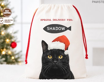 Custom Pet Photo Christmas Sack: Personalized Dog Cat Watercolor Portrait Santa Bag