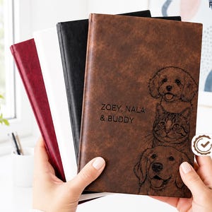 Personalized Pet Memory Journal with Engraved Dog or Cat Portrait and Name, Custom Vegan Leather Notebook, Meaningful Gift for Pet Owners