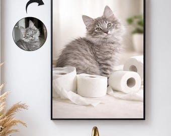 Benutzerdefinierte Katzenporträt Badezimmer Wandkunst, Minimalist Neutral Kätzchen Druck